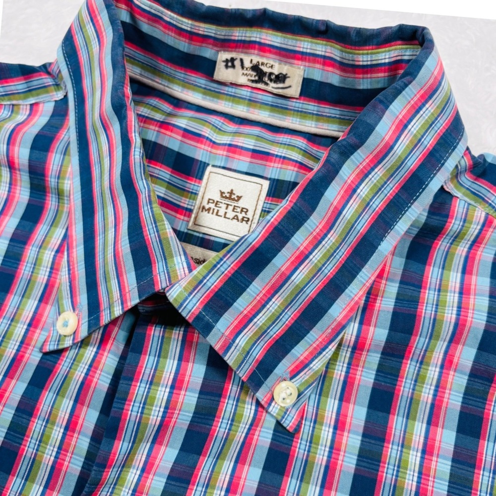 Peter Millar Button Shirt Men L Pink Blue Plaid Check Seaside Finish Short Sleev
